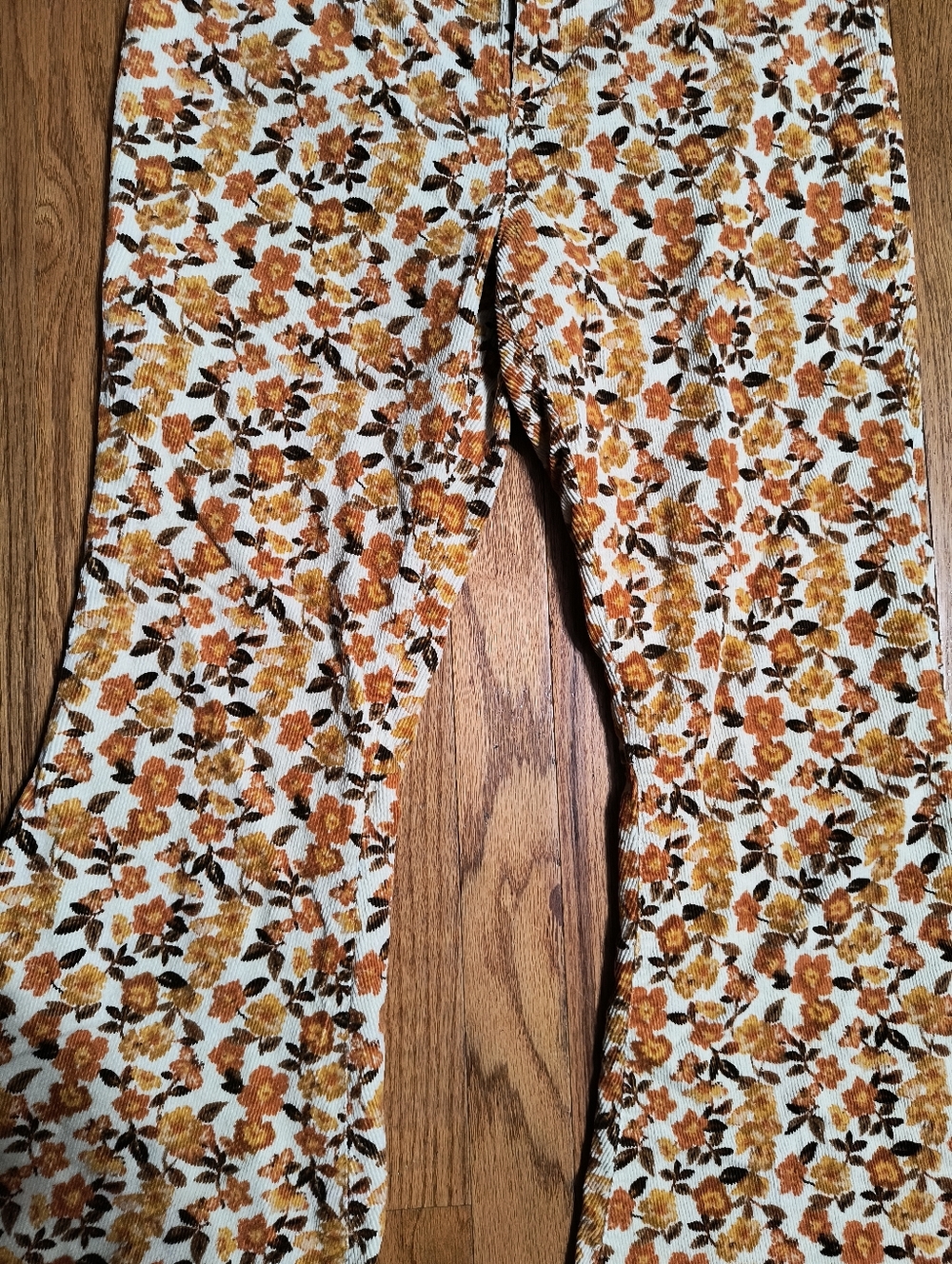 Versona Bell Bottoms, Corduroy Flare Leg Pants, Women's 8, Brown/Orange Floral - Picture 7 of 16